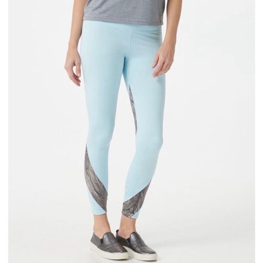 Soulgani Active California Love Twin Soul Leggings 3X Blue Gray Stripe Plus NEW